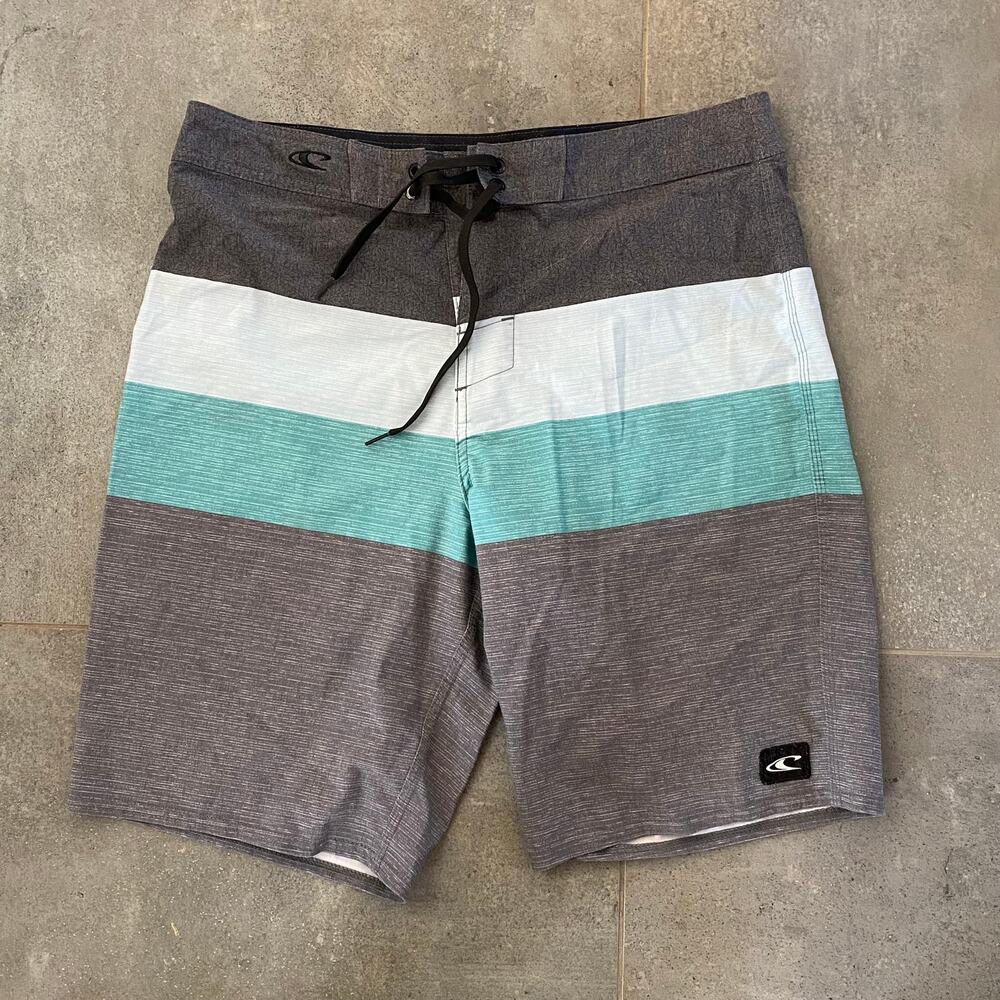 O'Neill 33 Board Shorts‎ Gray Aqua Stripes Lightweight Poplin